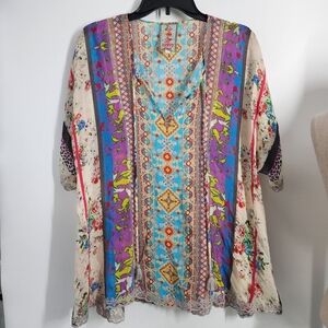 Johnny Was Floral Blouse Tie Neck Cupra Rayon EUC Small